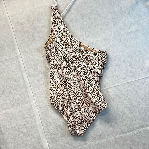 J. CREW One Piece Swimsuit XXL Brown White Animal Print Ruched One Shoulder - Picture 10 of 13